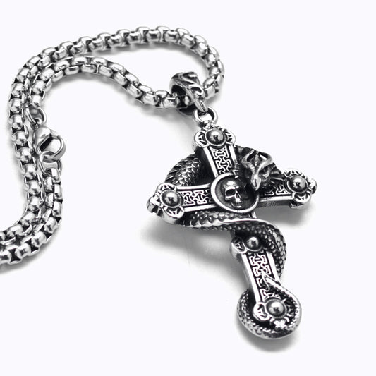 Snake Wrapped Cross Stainless Steel Gothic Necklace