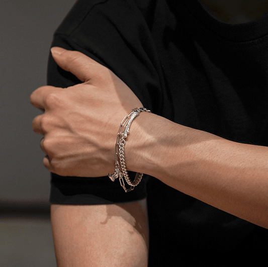 Silver Bat and Bone Multi-layered Chain Bracelet