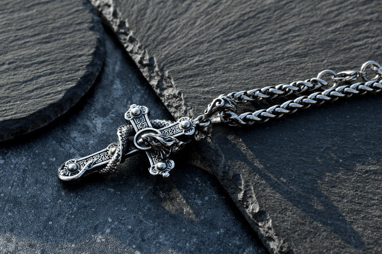 Snake Wrapped Cross Stainless Steel Gothic Necklace