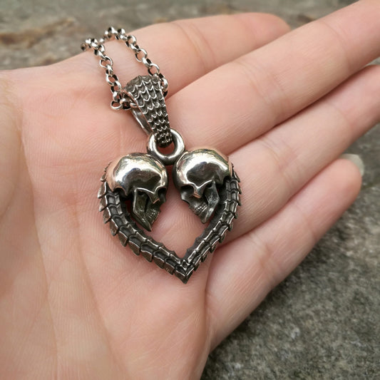 Silver Skull Spine Heart 2-Sided Pendant | Forever Love, Eternity, Love You to Death