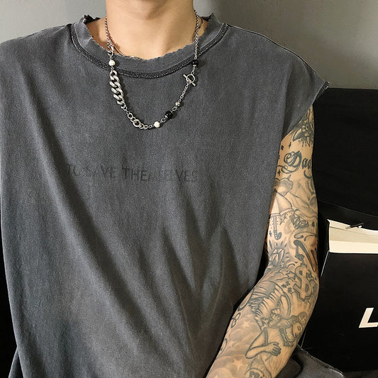 Pearl Onyx and CZ Inlay Cuban Link Chain Stainless Steel Necklace KPOP TikTok Style