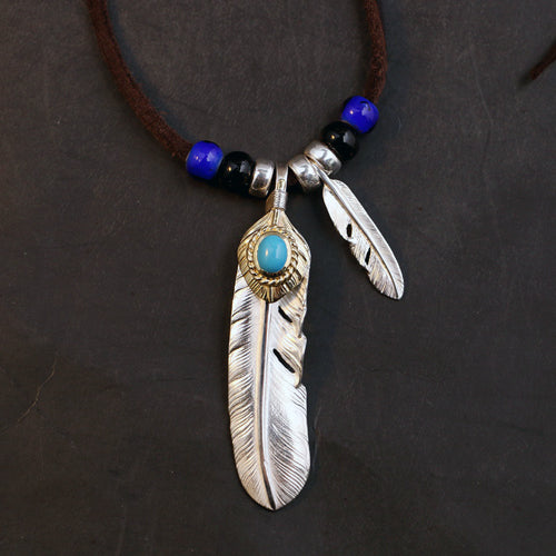 Silver Feather Natural Turquoise Pendant Charm Deer Leather Necklace