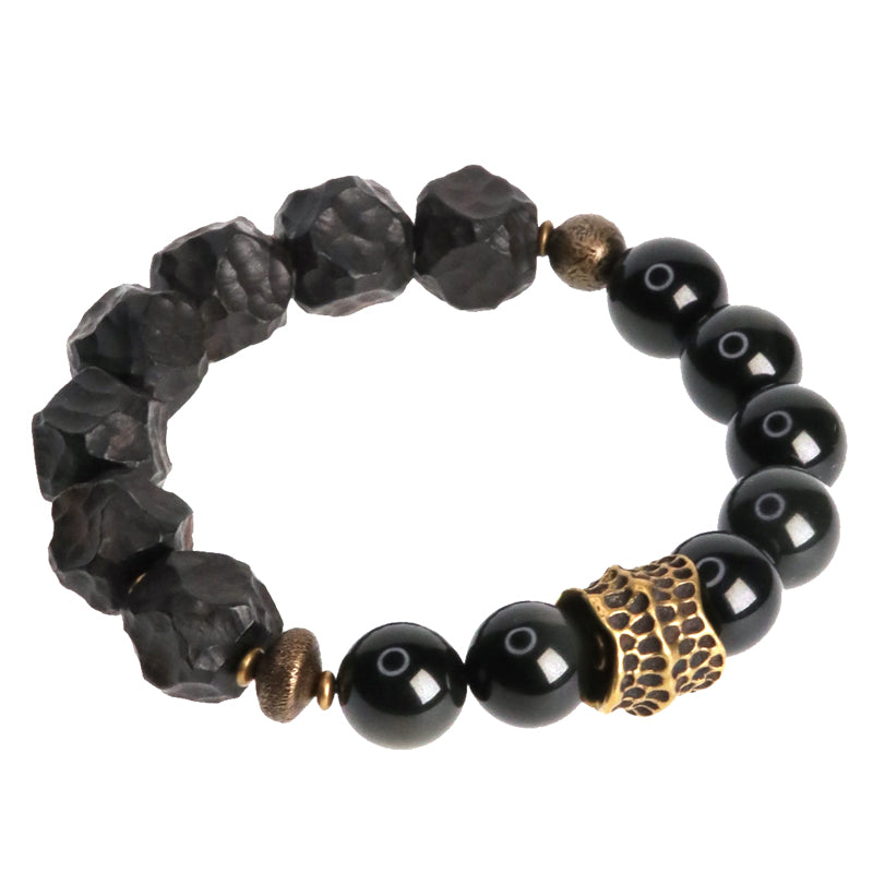 Natural Obsidian Sandalwood Beads Brass Charm Bracelet