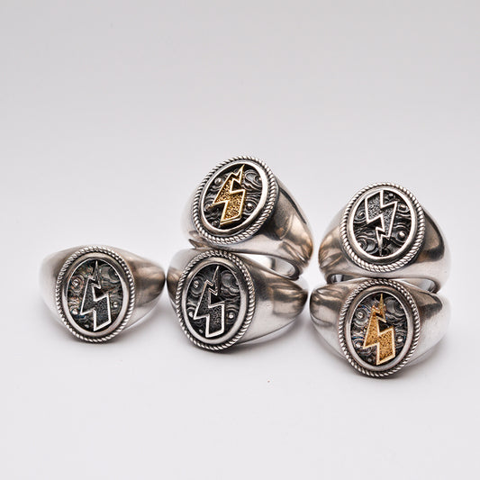 Gold and Silver Thunder Lightning Bolt Signet Ring