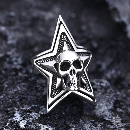 Skull on Star 3D Silver Ring