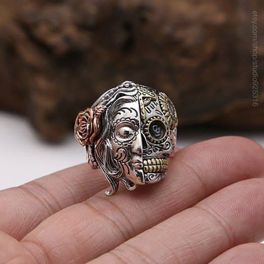 Sugar Skull Santa Muerte Silver Ring