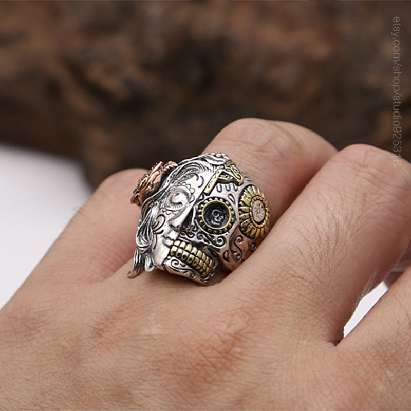 Sugar Skull Santa Muerte Silver Ring