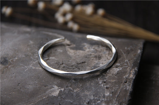 Silver Hammered Diamond Cut Cuff Bracelet