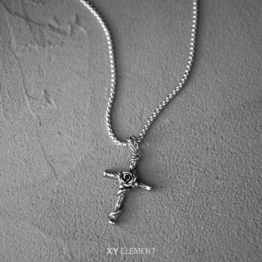 Rose Vine on Cross Stainless Steel Pendant Necklace