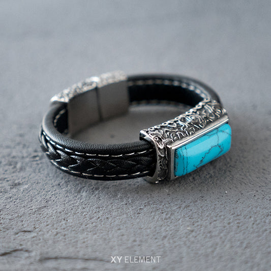 Turquoise Decal Leather 316L Stainless Steel Bracelet