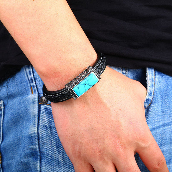 Turquoise Decal Leather 316L Stainless Steel Bracelet