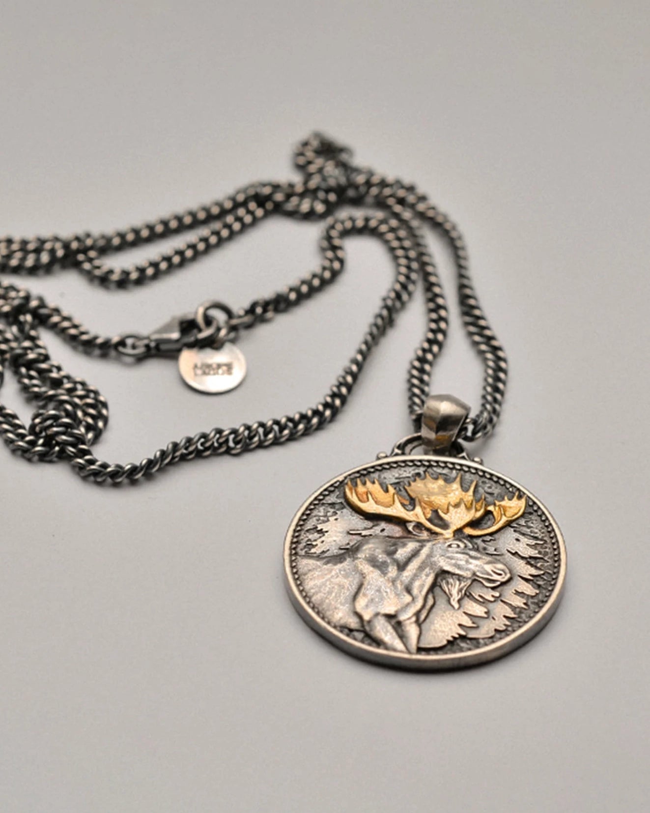 Silver Moose with 24K AU999 Antlers Necklace