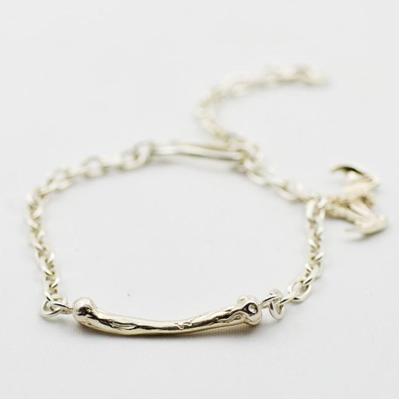 Silver Bone with Bat Charm Link Chain Bracelet