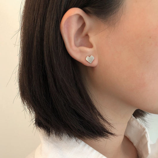 Minimalist Silver Pixel Heart Stud Earring