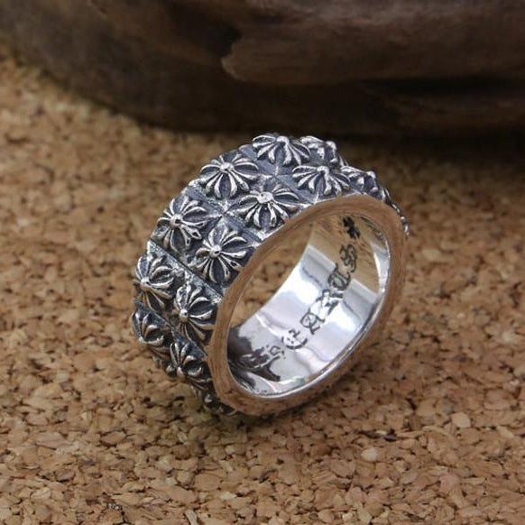 Sterling Silver Double Floral Cross Ring Circle Cross Floral Ring