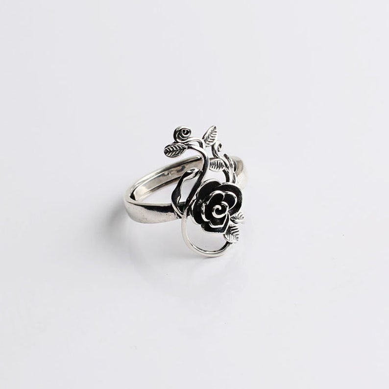 Silver Rose with Vine Wrap Ring Floral Flower Ring