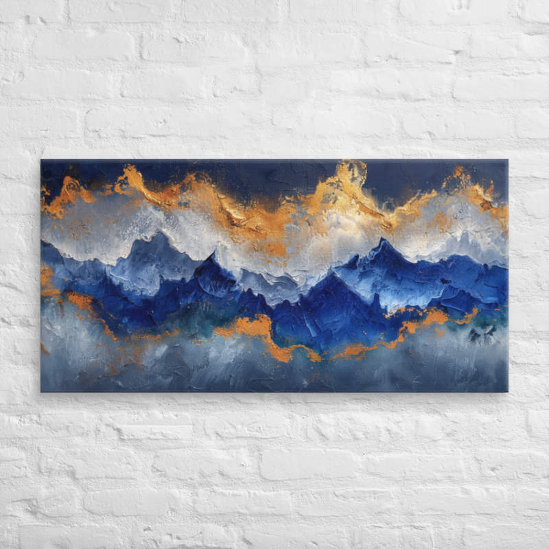 Blue Gold Abstract Painting – 2:1 Ratio Gallery Wrapped Canvas Wall Art, Ready to Hang