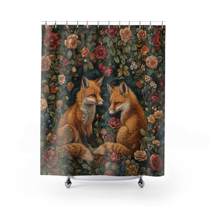 Fox Couple in Floral Garden Shower Curtain William Morris Inspired Home Decor Shower Curtain 71" x 74"
