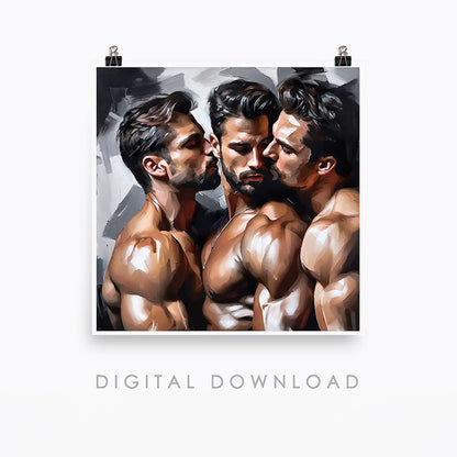 Throuple Male Kissing Gay Art | Digital Download