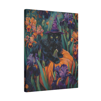 Witch Cat Pumpkin and Iris flowers – Canvas Print Wall Art