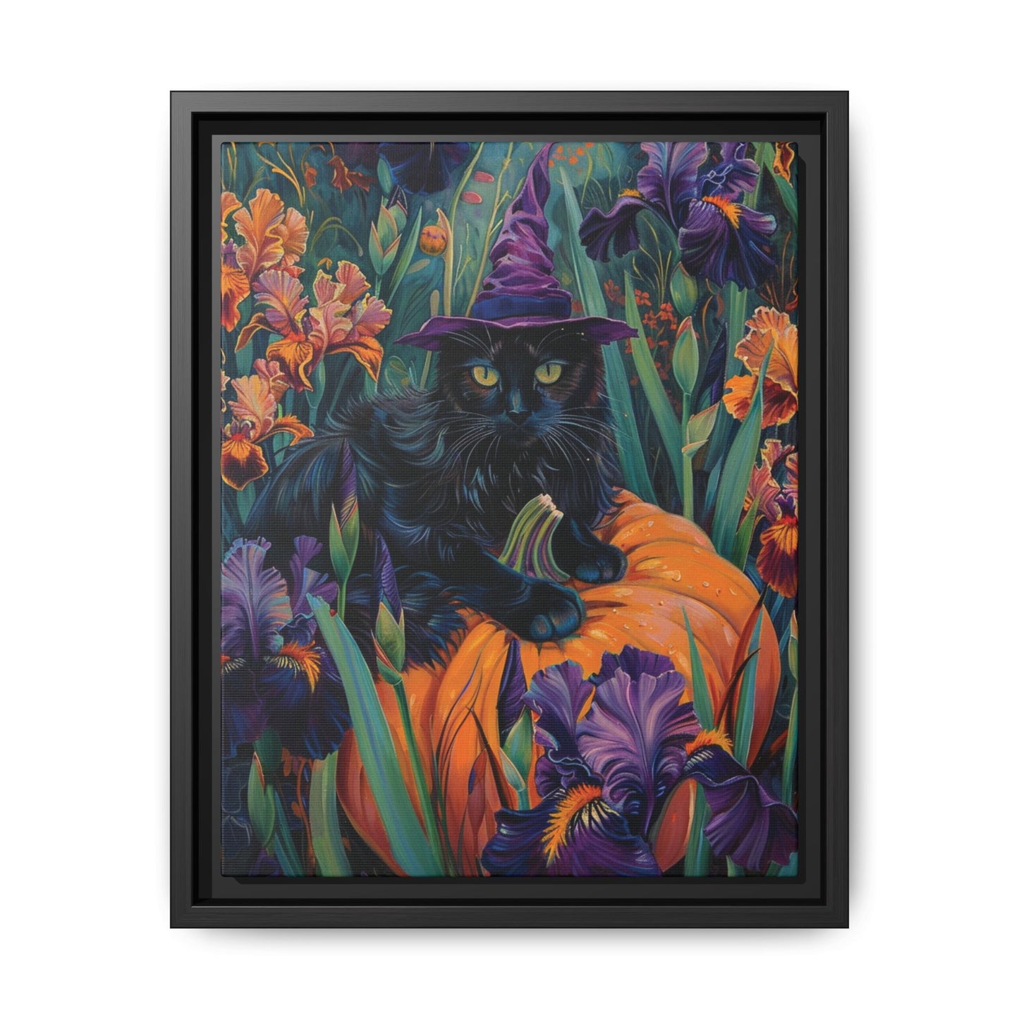 Witch Cat Pumpkin and Iris flowers – Canvas Print Wall Art