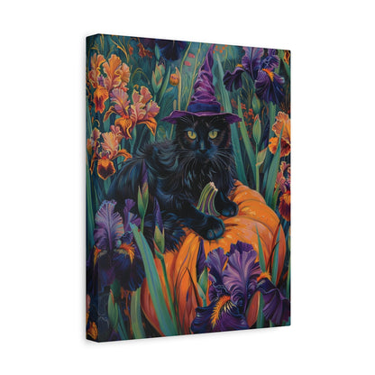 Witch Cat Pumpkin and Iris flowers – Canvas Print Wall Art