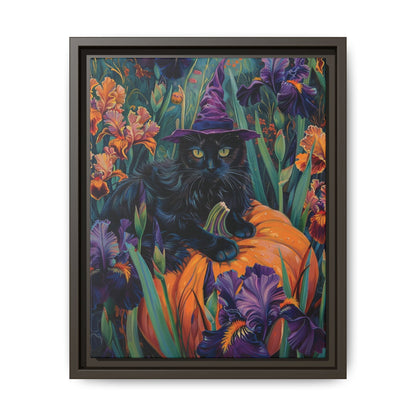 Witch Cat Pumpkin and Iris flowers – Canvas Print Wall Art