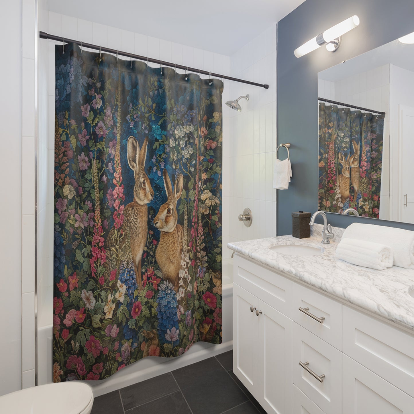Rabbit Couple Garden Shower Curtain, William Morris Inspired, Farmhouse Bathroom, Floral Shower Curtain, 71" x 74"