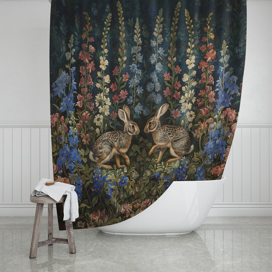 Bunnies Fantasy Flowers Shower Curtain, William Morris Inspired, Farmhouse Bathroom, Floral Shower Curtain, 71" x 74"