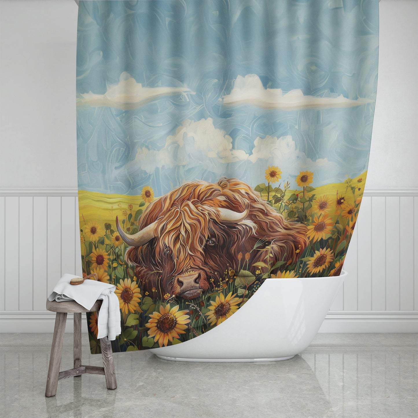 Adorable Highland Cattle Sunflower Meadow Home Decor Shower Curtain 71" x 74"