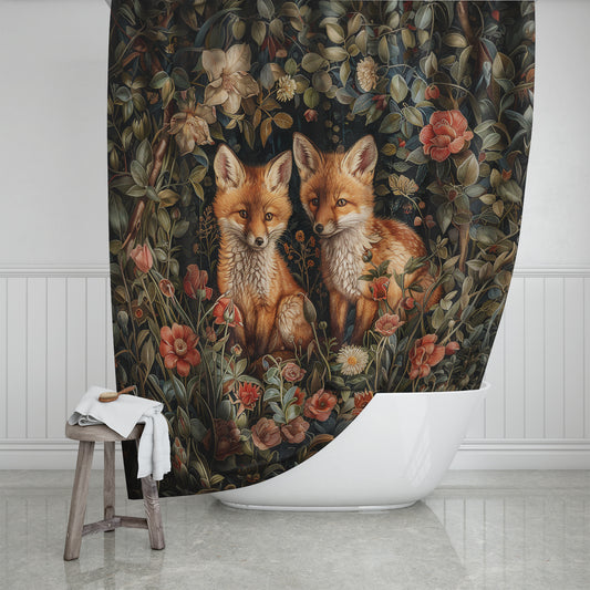 Baby Foxes Floral Garden Shower Curtain William Morris Inspired Home Decor Shower Curtain 71" x 74"