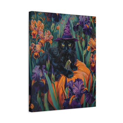 Witch Cat Pumpkin and Iris flowers – Canvas Print Wall Art