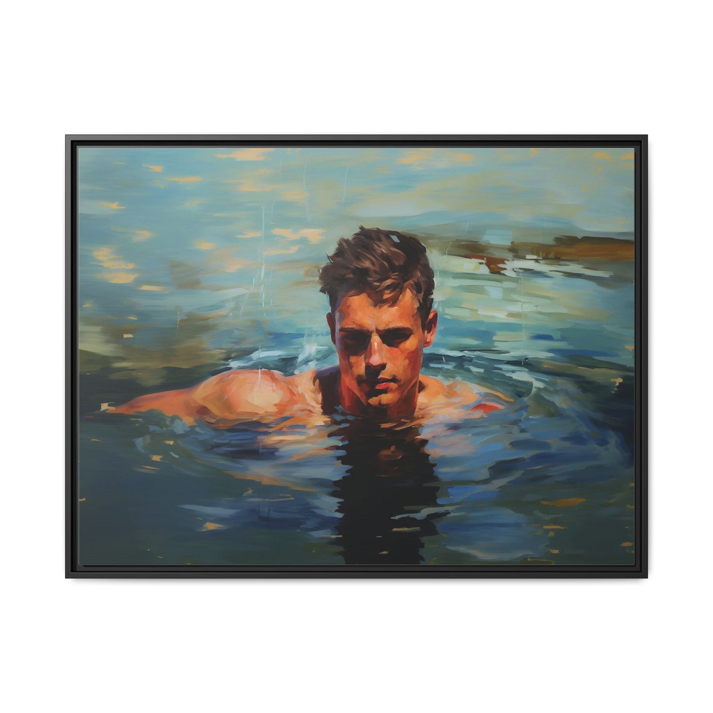 Man Swimming in a Lake Impressionist Portrait Canvas Print Wall Art