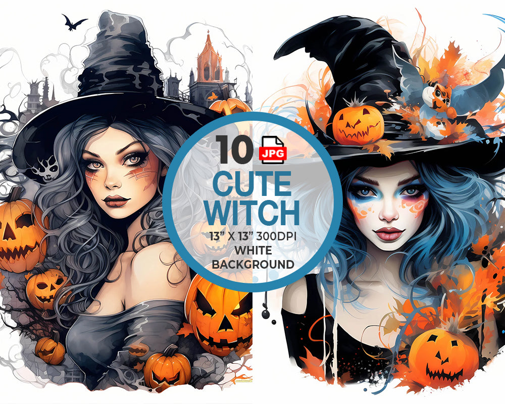 Cute Witch Watercolor Halloween Clipart Download