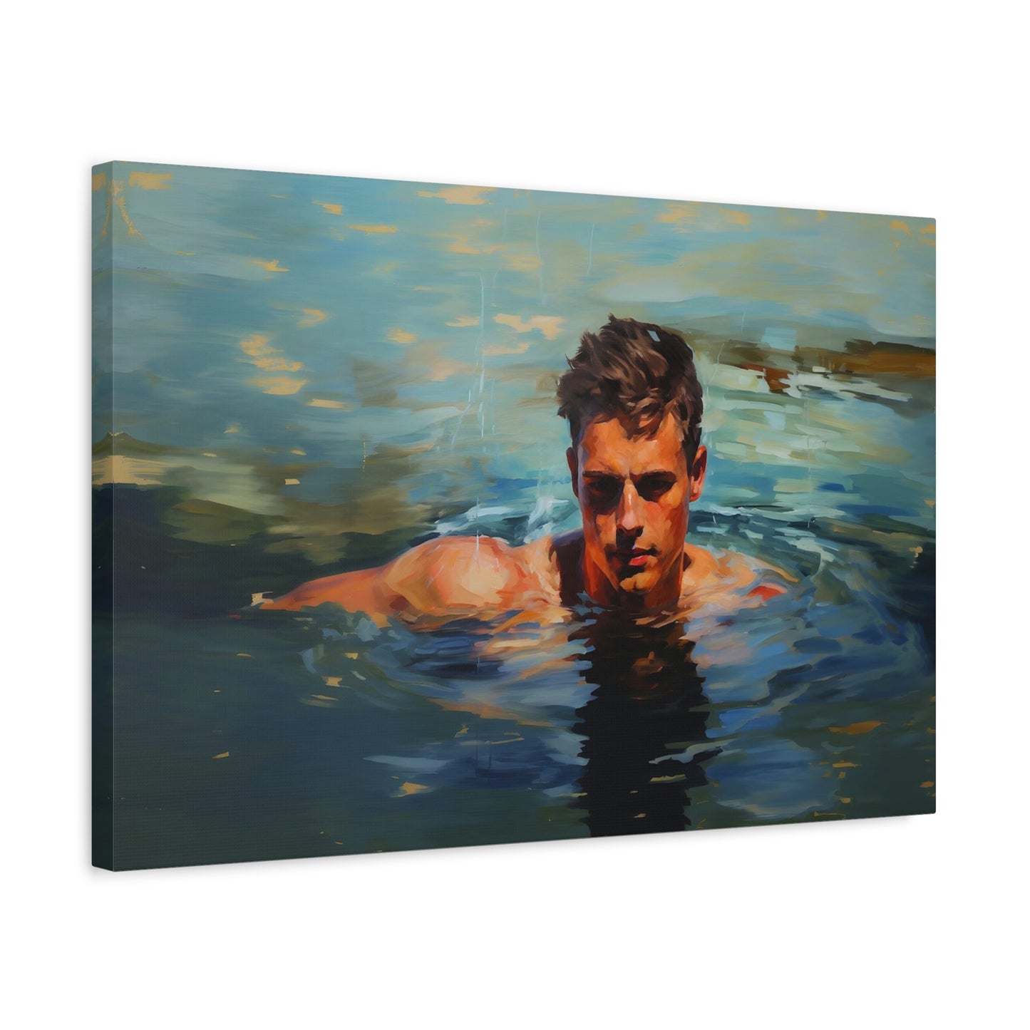 Man Swimming in a Lake Impressionist Portrait Canvas Print Wall Art