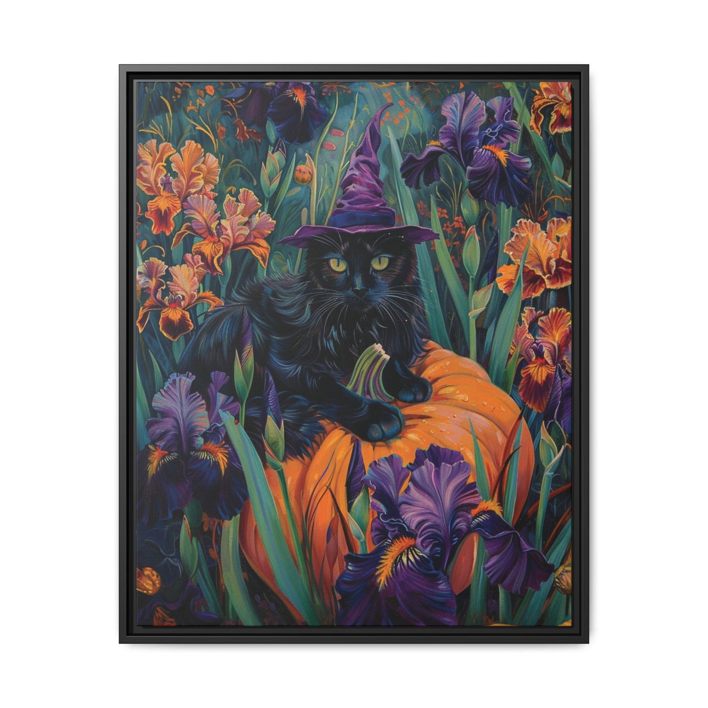 Witch Cat Pumpkin and Iris flowers – Canvas Print Wall Art