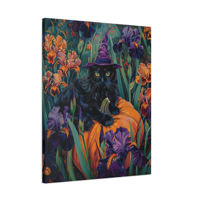 Witch Cat Pumpkin and Iris flowers – Canvas Print Wall Art