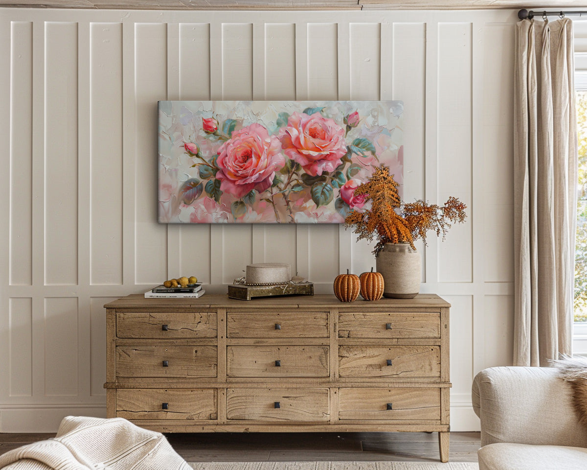 Pink Roses Oil Painting – 2:1 Ratio Gallery Wrapped Canvas Wall Art, Ready to Hang