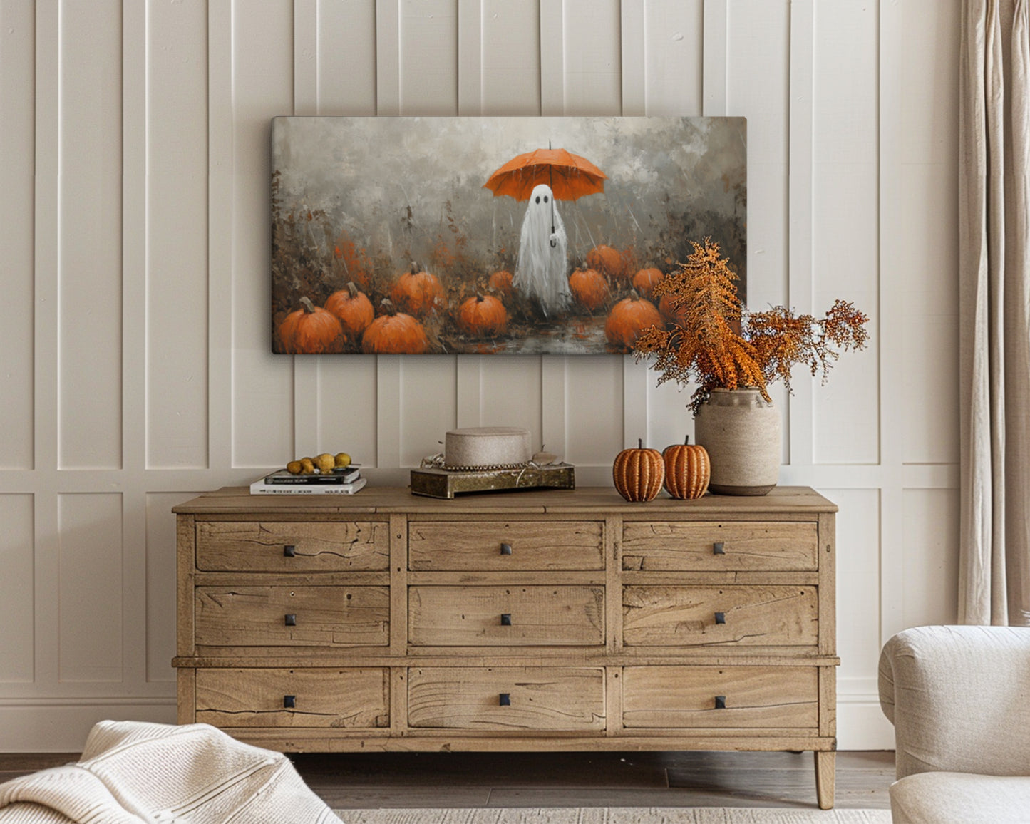 Cute Ghost at Pumpkin Patch in Rain – Gallery Wrapped Canvas Halloween Wall Art