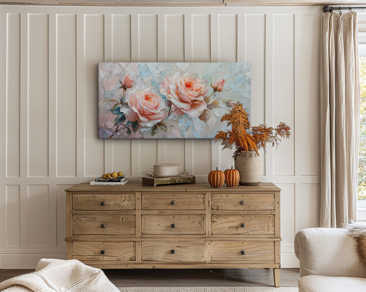 Soft Pink Roses Oil Painting – 2:1 Ratio Gallery Wrapped Canvas Wall Art, Ready to Hang