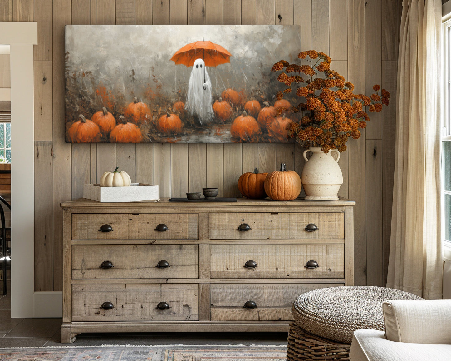 Cute Ghost at Pumpkin Patch in Rain – Gallery Wrapped Canvas Halloween Wall Art