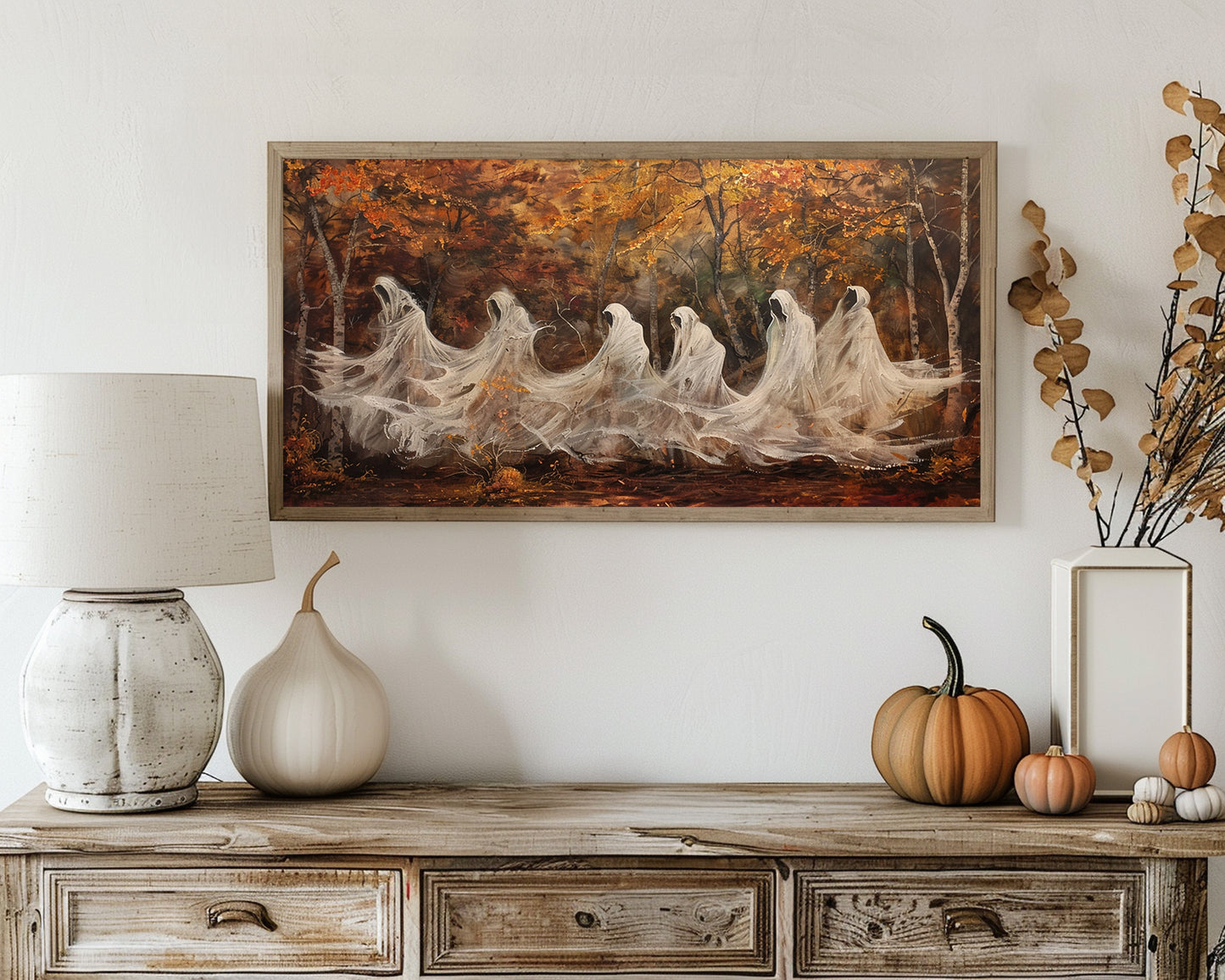 Faceless Ghosts in Autumn Forest - Eerie Impressionist Canvas Art, Haunting Fall Wall Decor