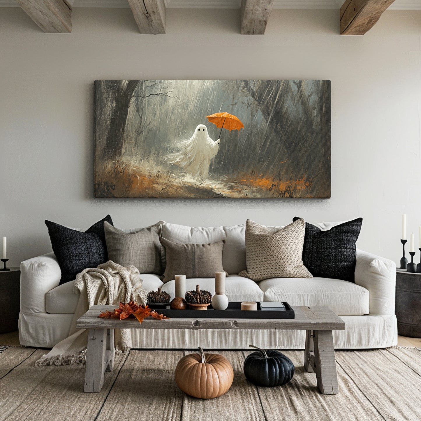 Cute Ghost in Rain at Woodland – 2:1 Ratio Gallery Wrapped Canvas | Halloween Wall Art Decor