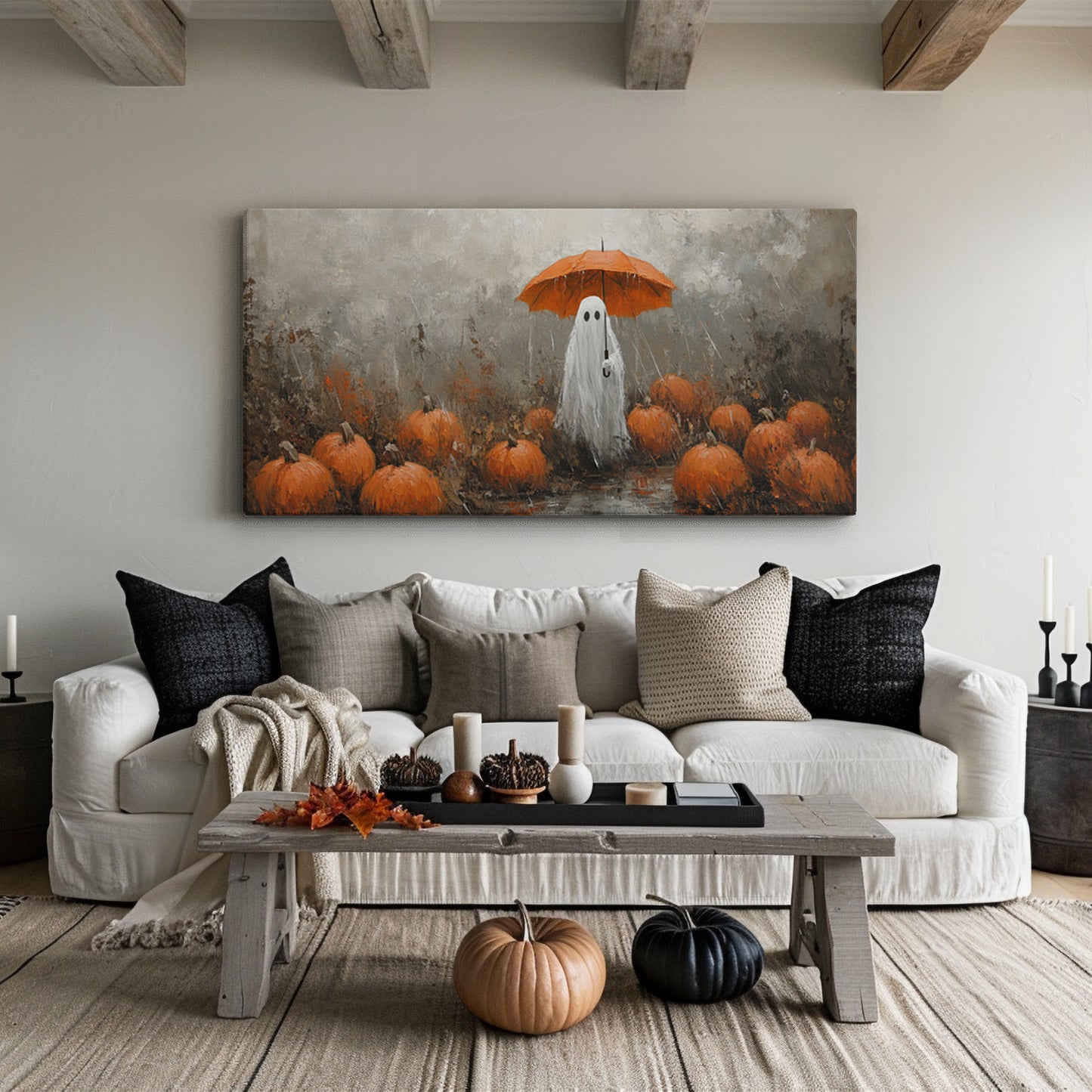 Cute Ghost at Pumpkin Patch in Rain – Gallery Wrapped Canvas Halloween Wall Art