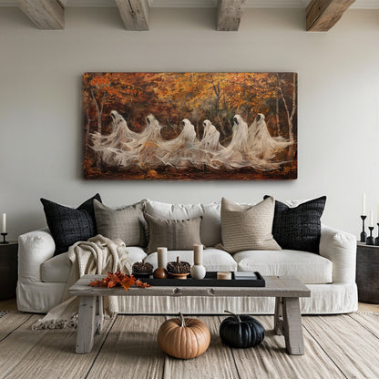 Faceless Ghosts in Autumn Forest - Eerie Impressionist Canvas Art, Haunting Fall Wall Decor