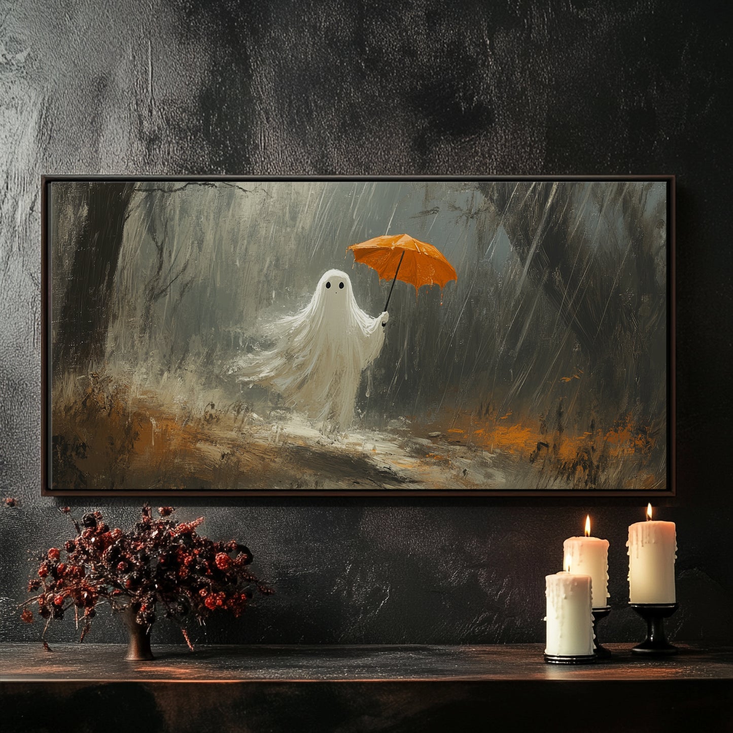 Cute Ghost in Rain at Woodland – 2:1 Ratio Gallery Wrapped Canvas | Halloween Wall Art Decor