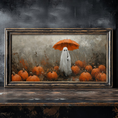 Cute Ghost at Pumpkin Patch in Rain – Gallery Wrapped Canvas Halloween Wall Art