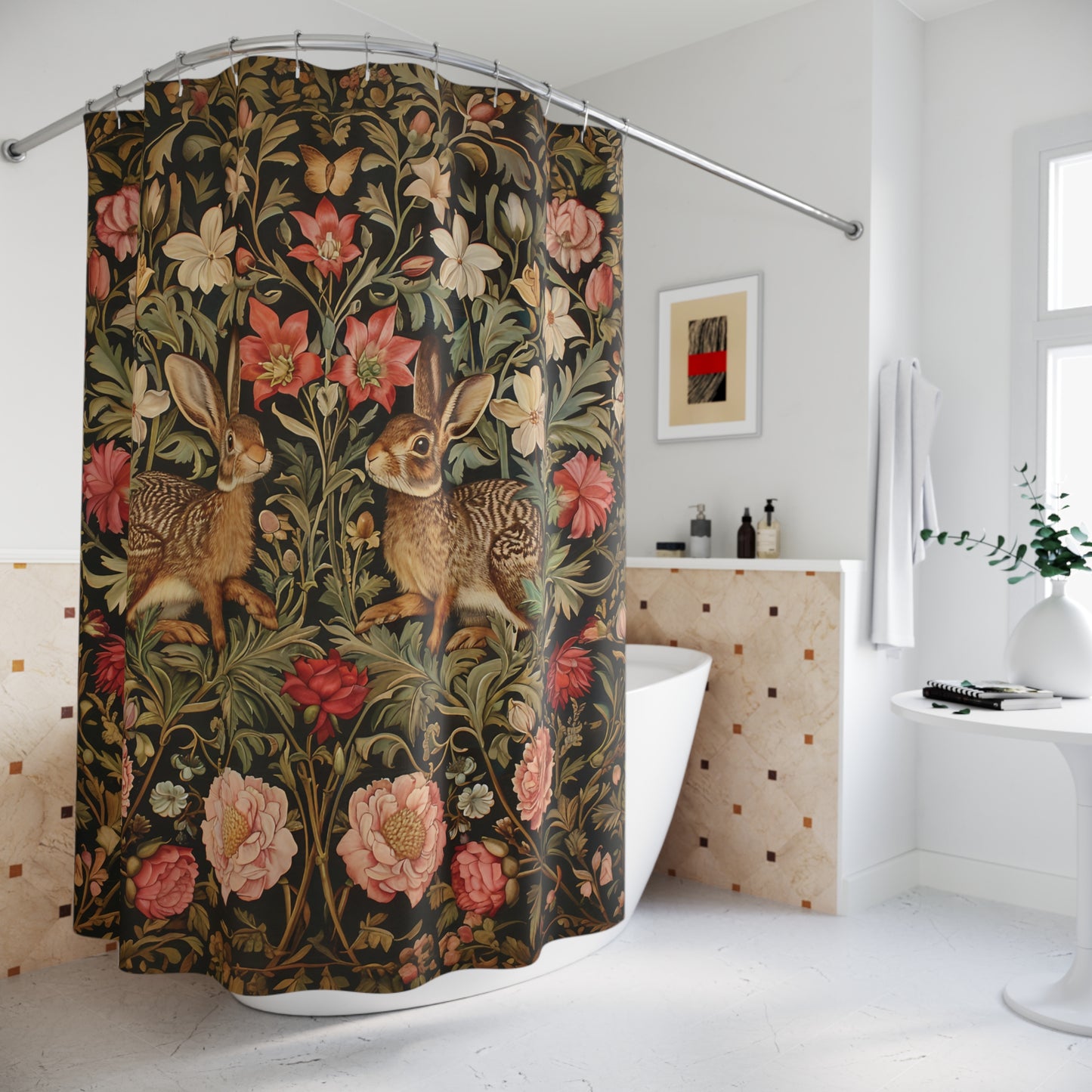 Adorable Bunnies Floral Garden Shower Curtain, William Morris Inspired, Farmhouse Bathroom, Floral Shower Curtain, 71" x 74"