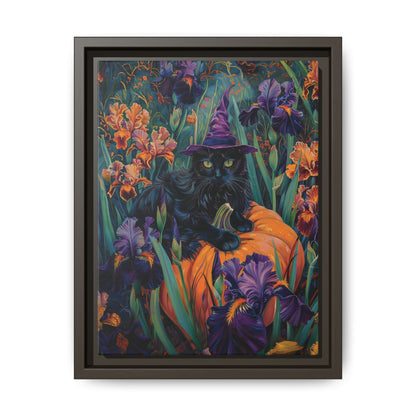 Witch Cat Pumpkin and Iris flowers – Canvas Print Wall Art