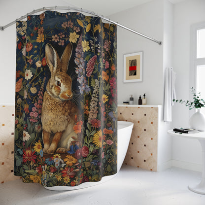 Cute Rabbit Shower Curtain, William Morris Inspired, Farmhouse Bathroom, Floral Shower Curtain, 71" x 74"